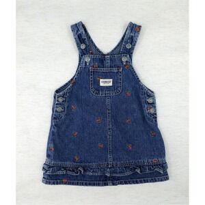 VTG OSHKOSH Girls Jumper Dress 2/2T Blue Denim Overall Strawberry Embroidered